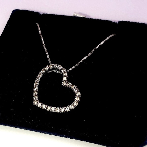 𝅺vtg Sterling Silver & Cz Stone Tilted Slanted Heart Pendant w Chain 16” & 1” - Picture 5 of 9
